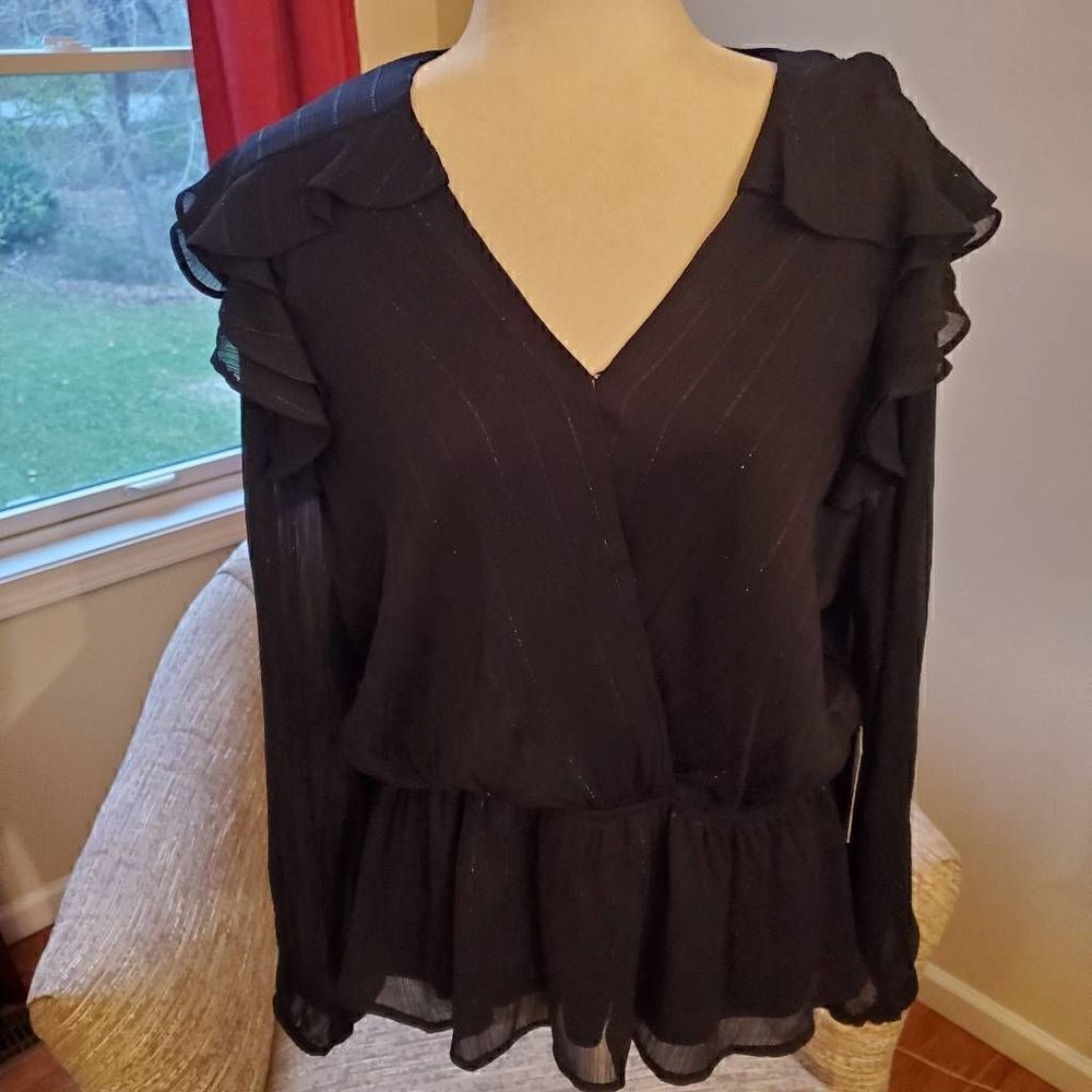 NWT SimplyVera Vera Wang Black Shimmer Faux Wrap Blouse- Size Large